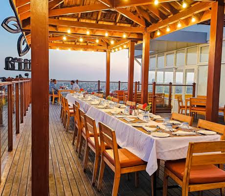 Hotel dining terrace prepared for guests